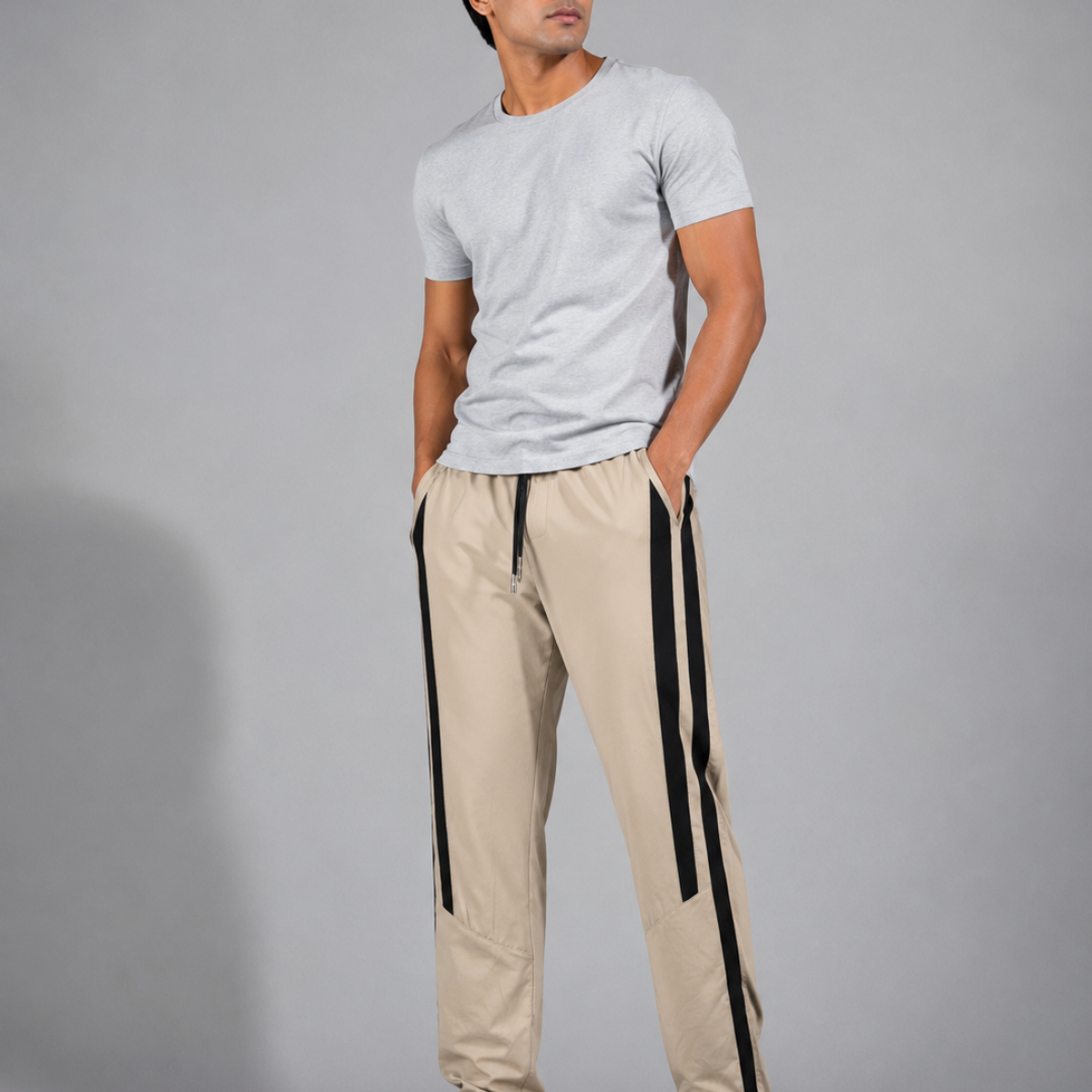 Mens Premium Trouser - Solid Beige with Black Stripes