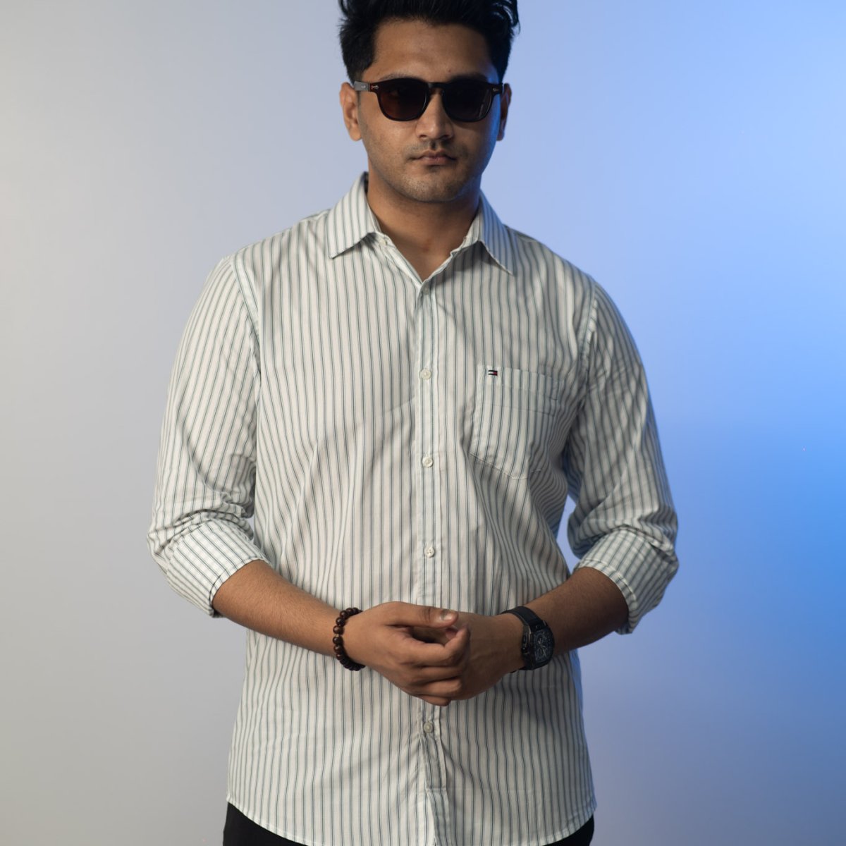 Tommy White-Navy-Powder Blue Stripe Shirt