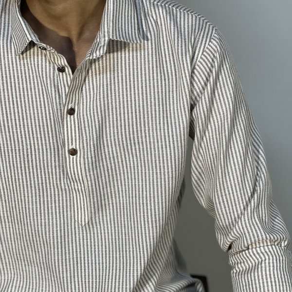 Remi Cotton Katua - Mandarin Collar - Khaki Stripe