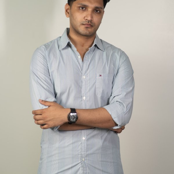 Tommy Pale Grey and Teal Micro Stripe Shirt